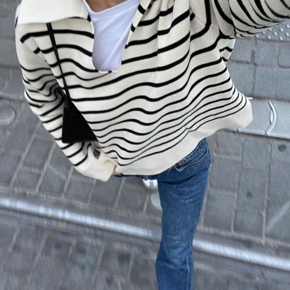 French Girl Cream and Black Stripe Half Zip by Mango